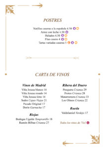 Carta de Postres y Vinos El Tio Juanon Restaurante en Navalcarnero